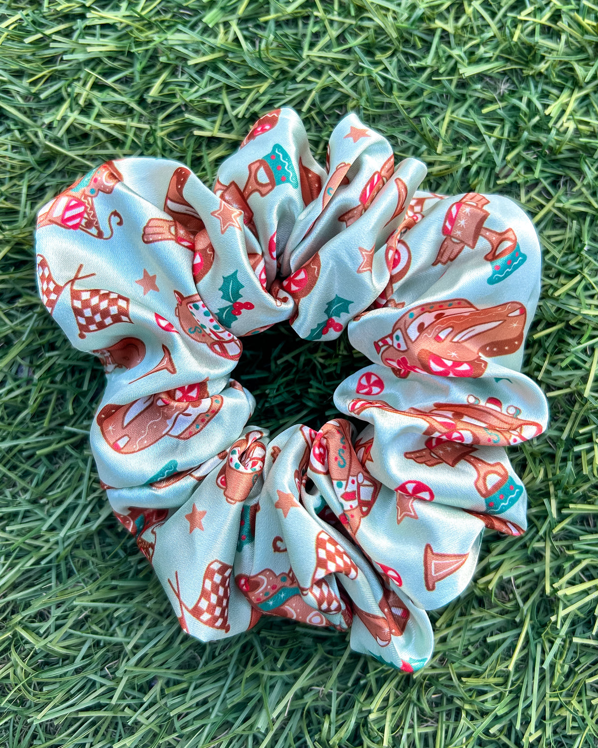 Gingerbread Cars Satin Scrunchie
