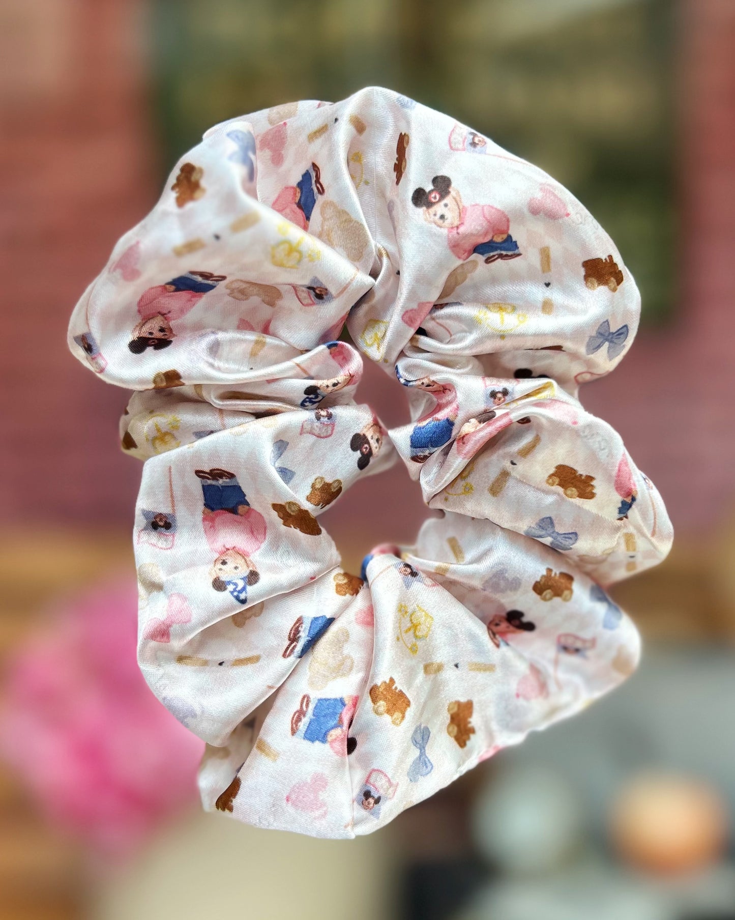 Vintage Pink Bear Satin Scrunchie